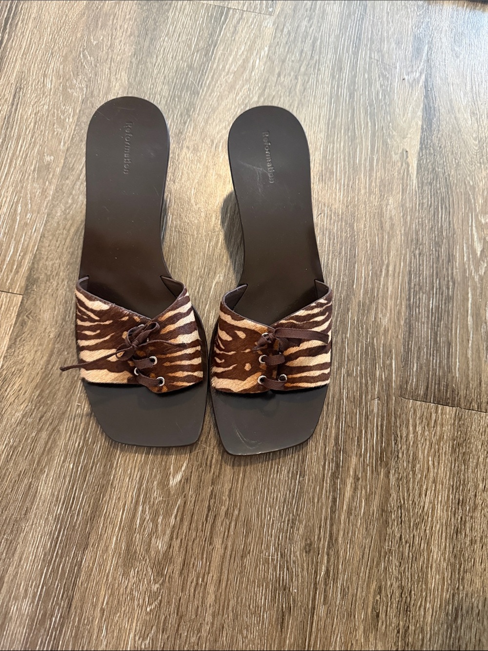 Reformation Brown Zebra-Print Lace-Up Slide Mules
